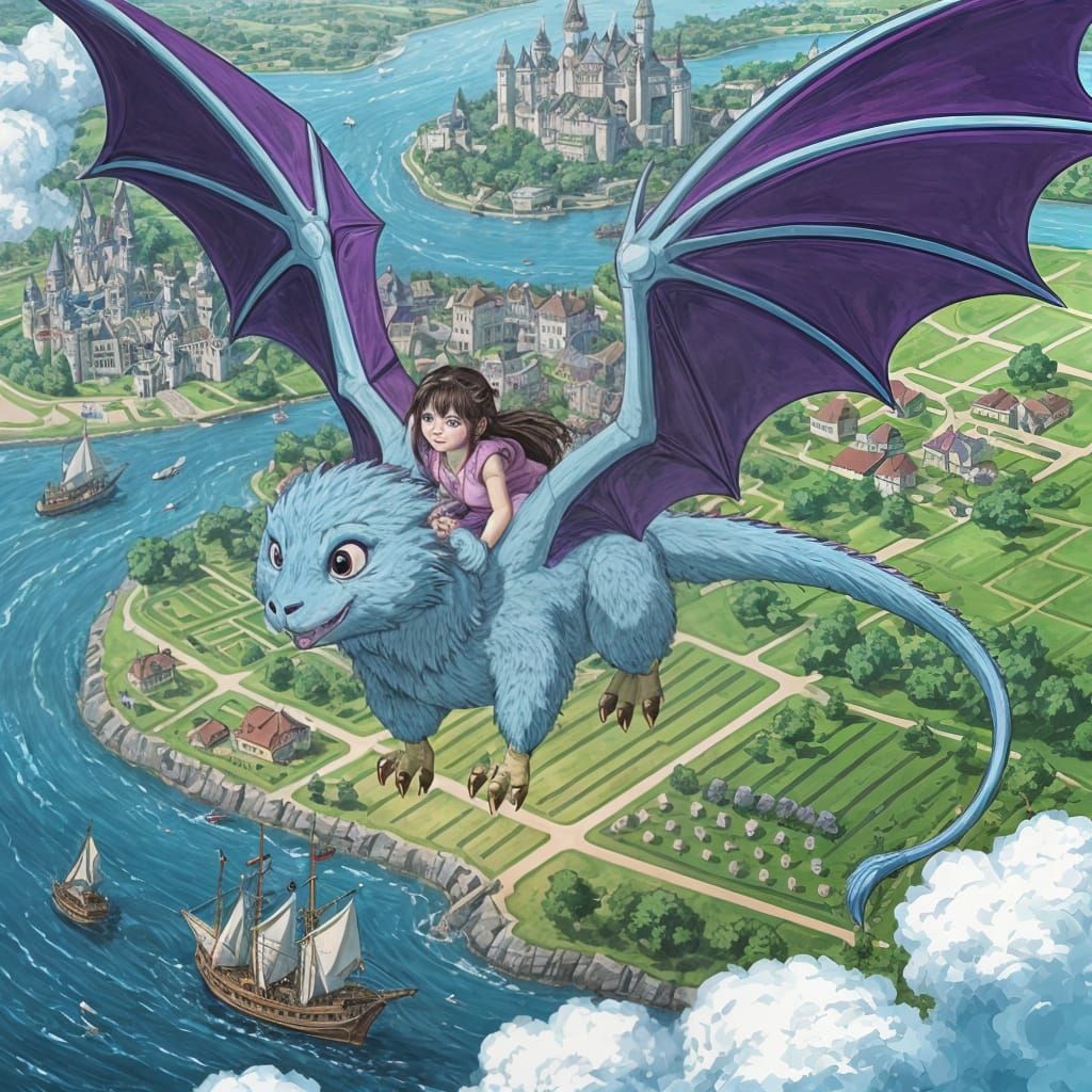 Girl Riding Elegant Dragon Pup Soars Through Enchanted Realm