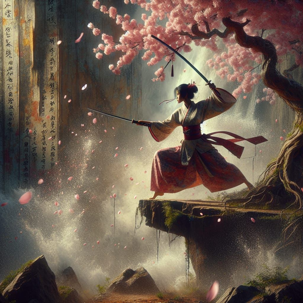 Geisha Martial Artist on Cliff Edge in Grunge Style