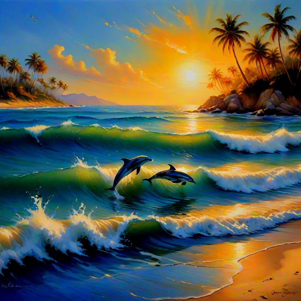 Dolphins at Sunset in a Vibrant Oil Painting