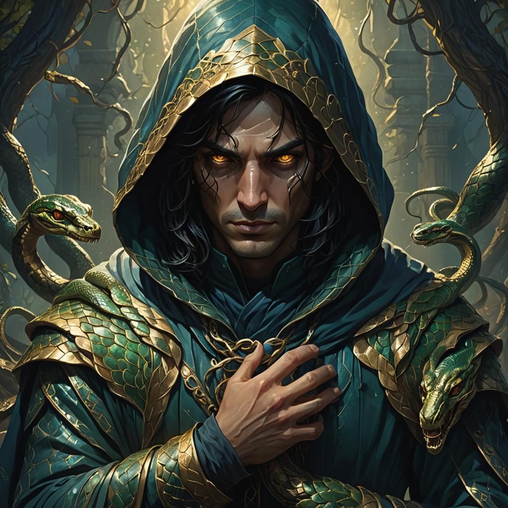 Eerie Hooded Figure with Snake Eyes: Dark Fantasy Art