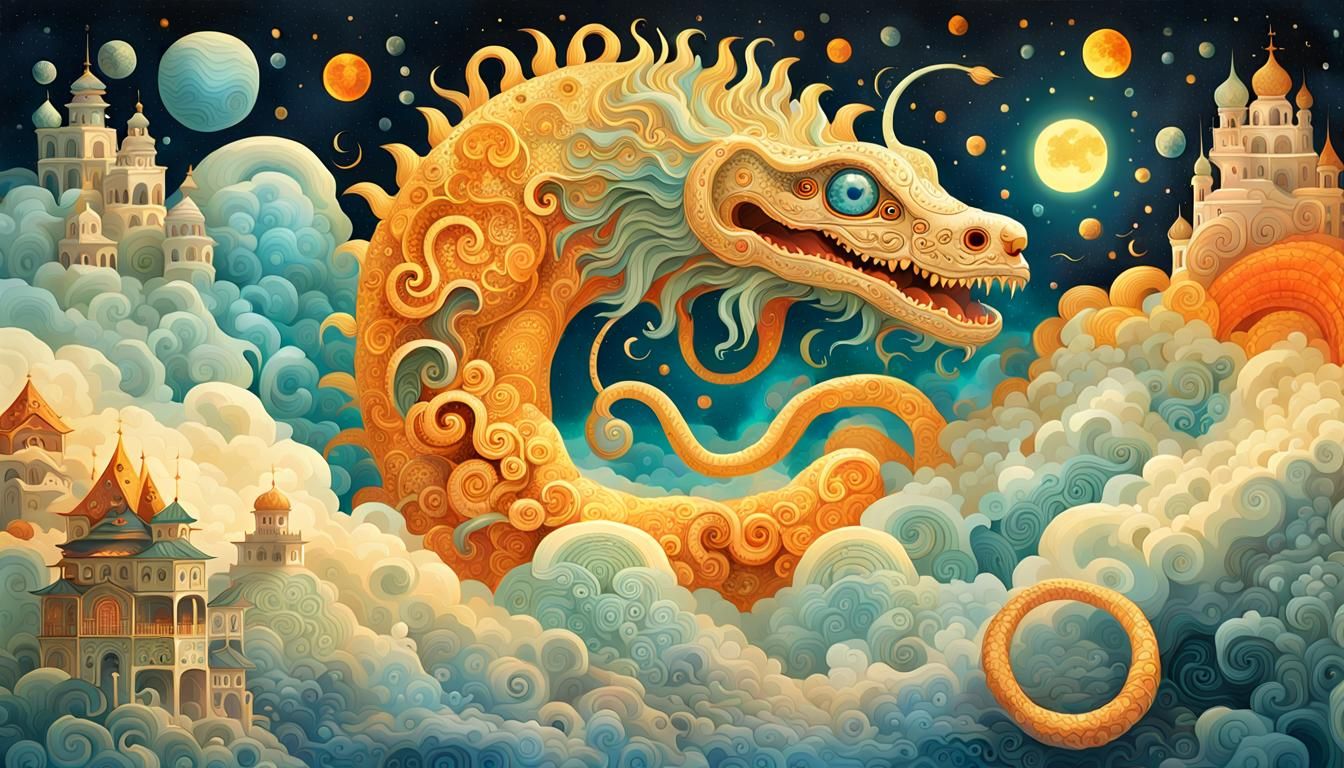 Cosmic Serpent Origin in Surreal Sun and Moon Clouds