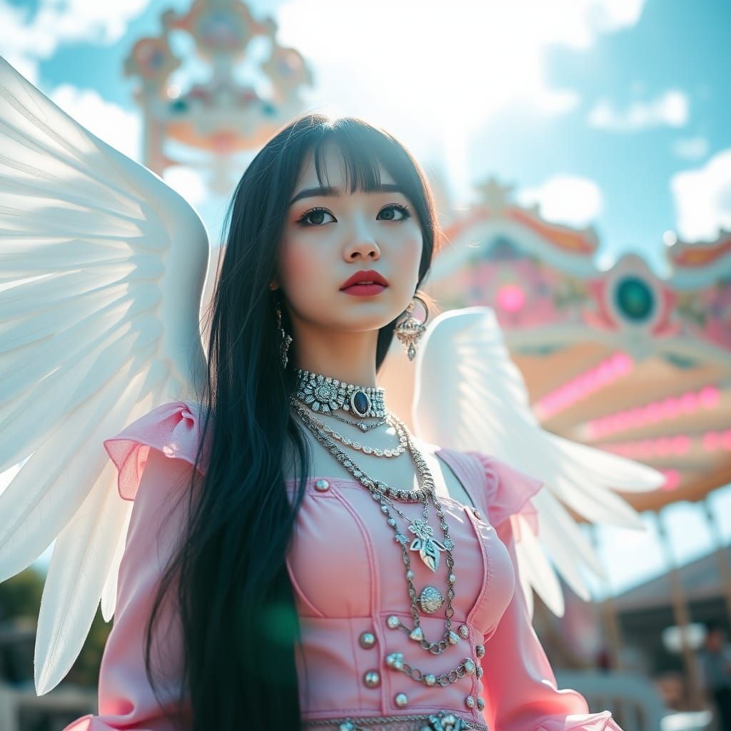 Ethereal Asian Girl with Angelic Wings in Pink Goth Outfit