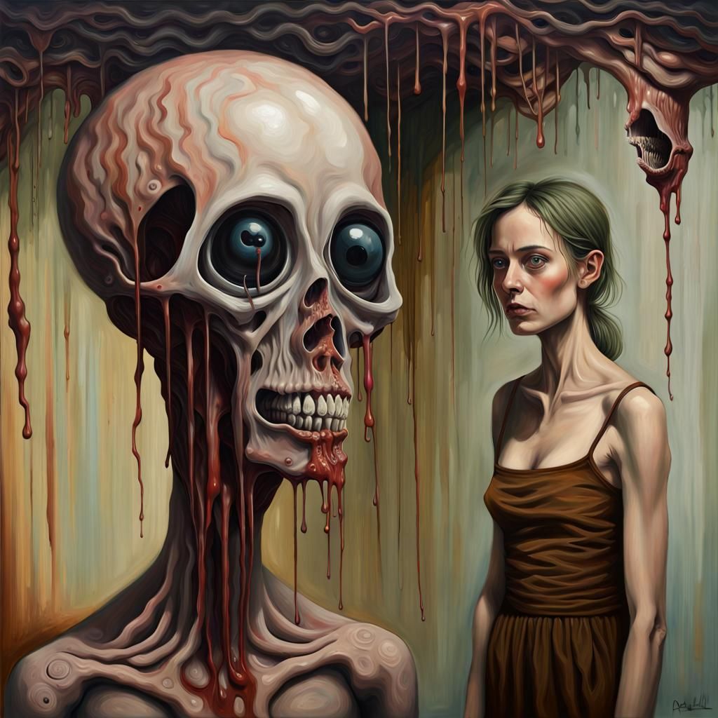 Surreal Painting of a Person and Inhuman Worm