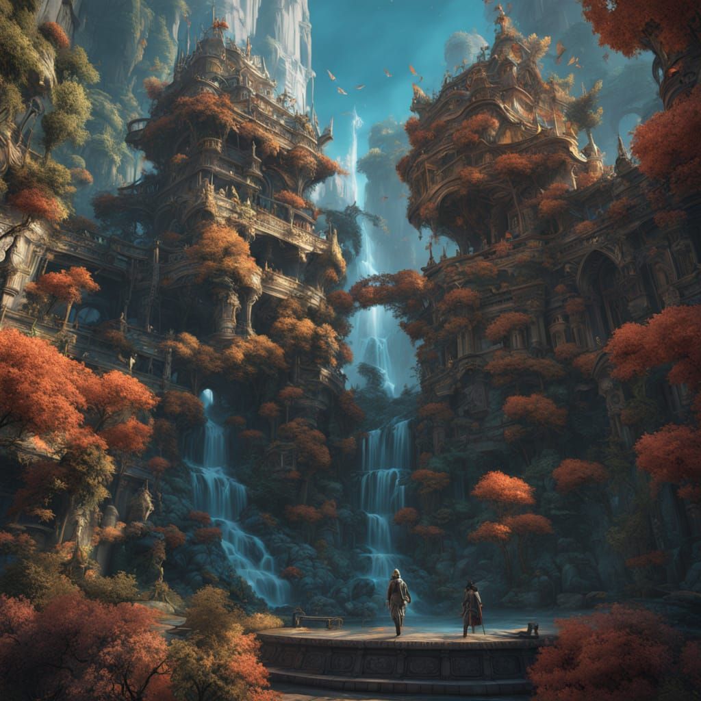 Galactic Waterfalls and Cities in Vibrant, Fantastical Style