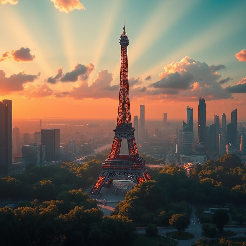 Futuristic Eiffel Tower in Neon Cityscape