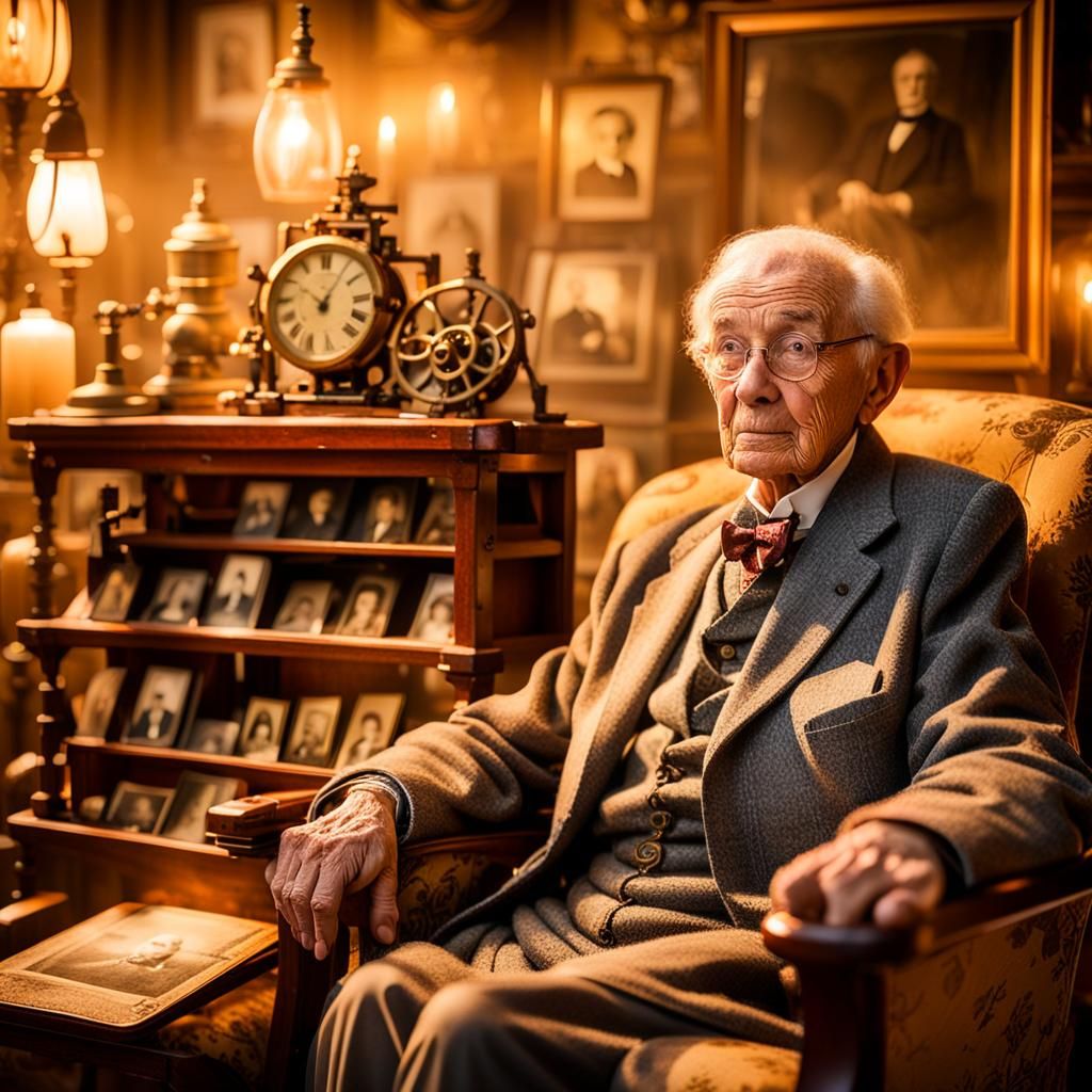 Elderly Person in Armchair Surrounded by Memories