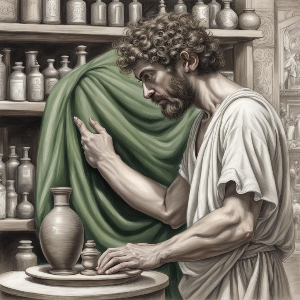 Greek Apothecary Shop in Charcoal Drawing
