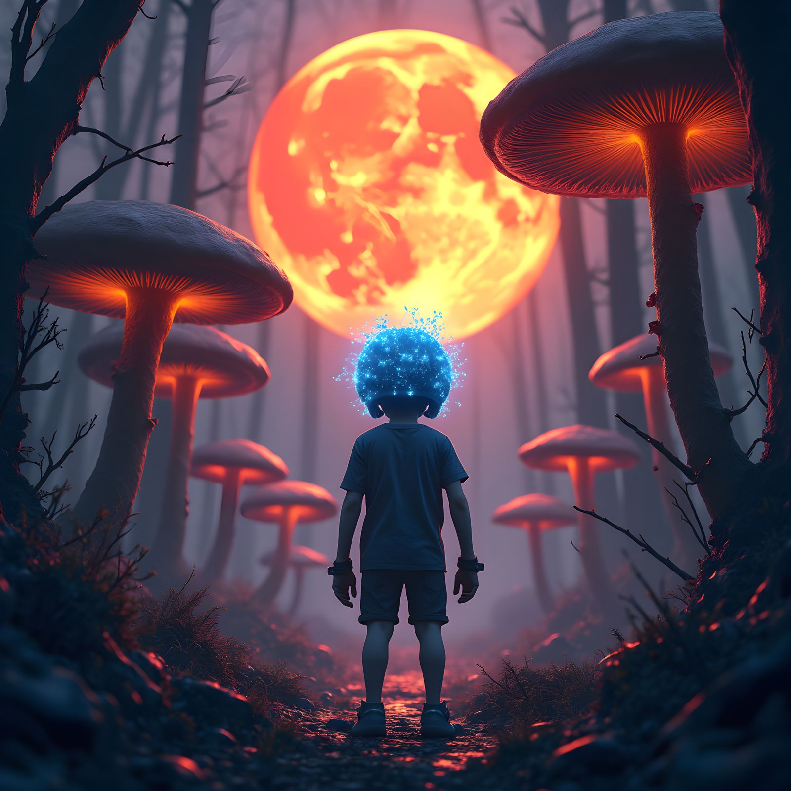 Boy in Burning Mushroom Forest with Red Moon