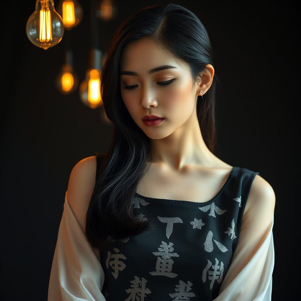 Timeless Elegance: Asian Woman in Vintage Attire with Mandar...