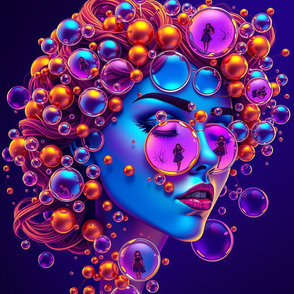 Iridescent Spheres Form a Woman's Face in a Vibrant, Liquid ...