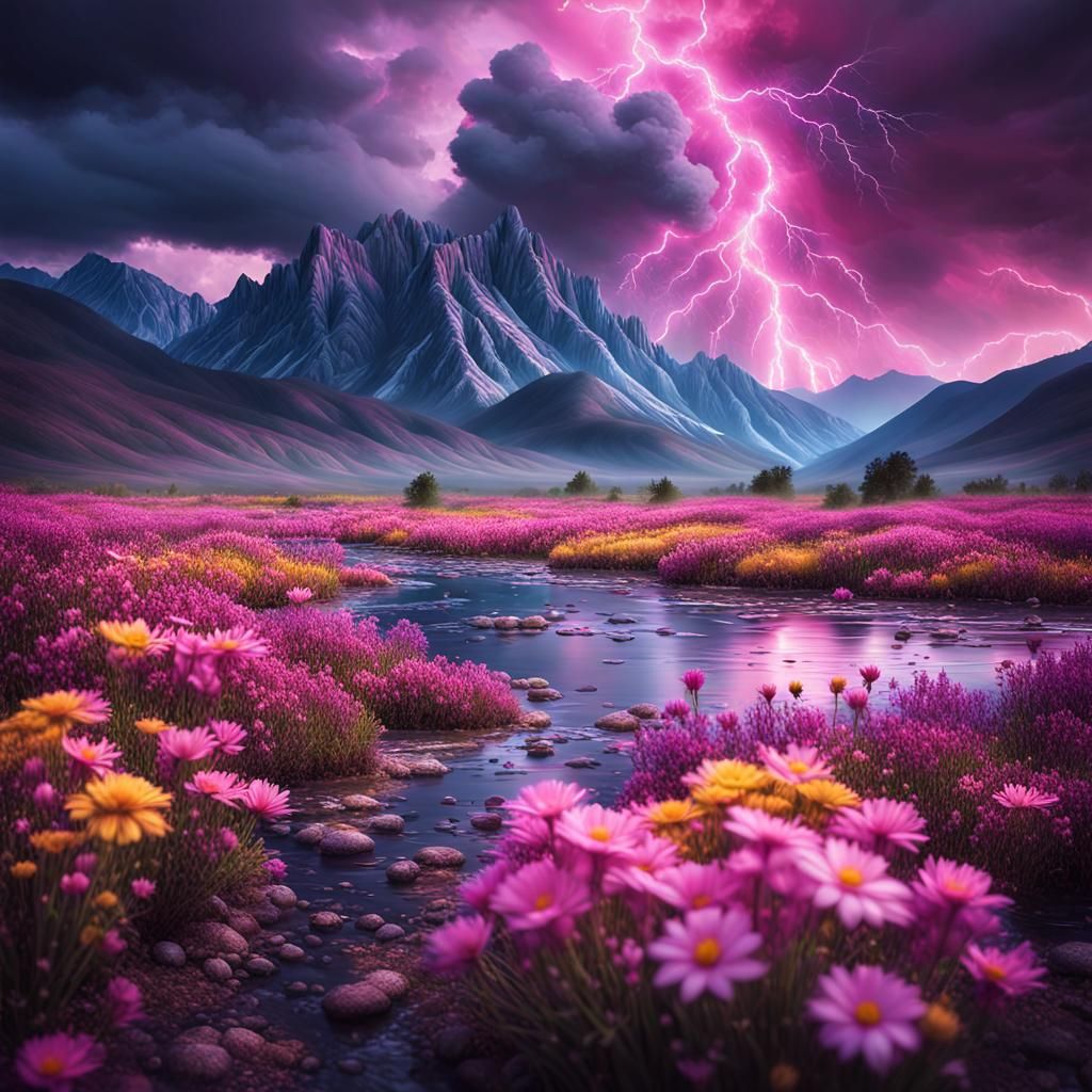 Pink Thunderstorm Over Flower Storm Fantasy Art