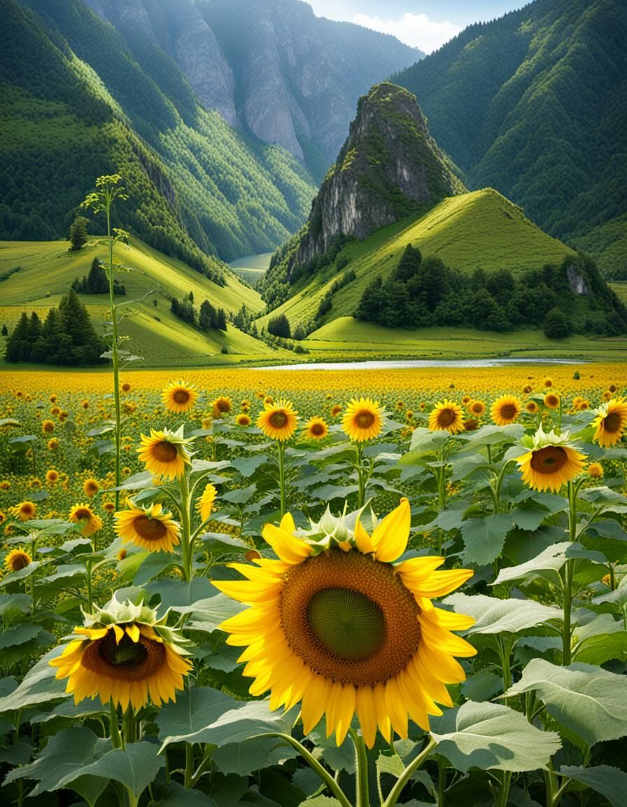 Sunflowers Bloom in Valley with Mountain View