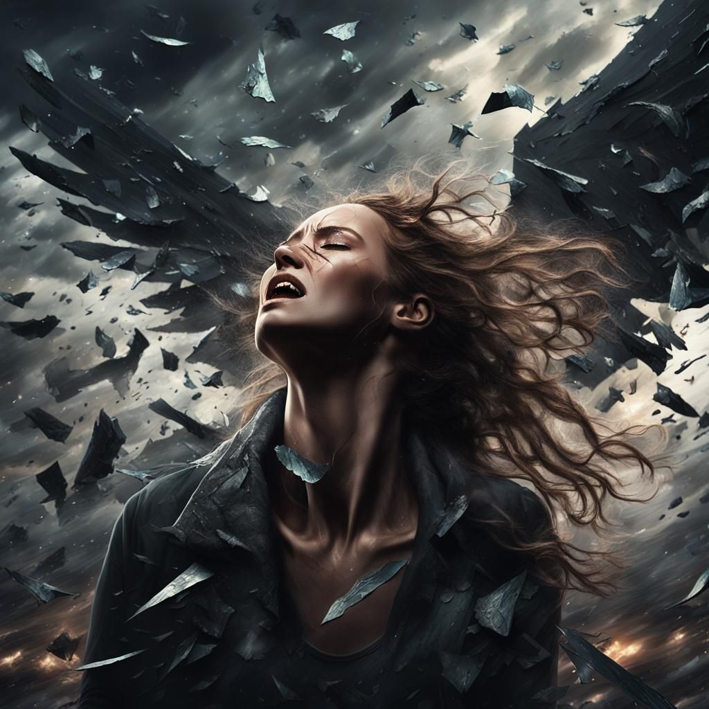 Woman Falling Through Stormy Skies: Digital Matte Painting