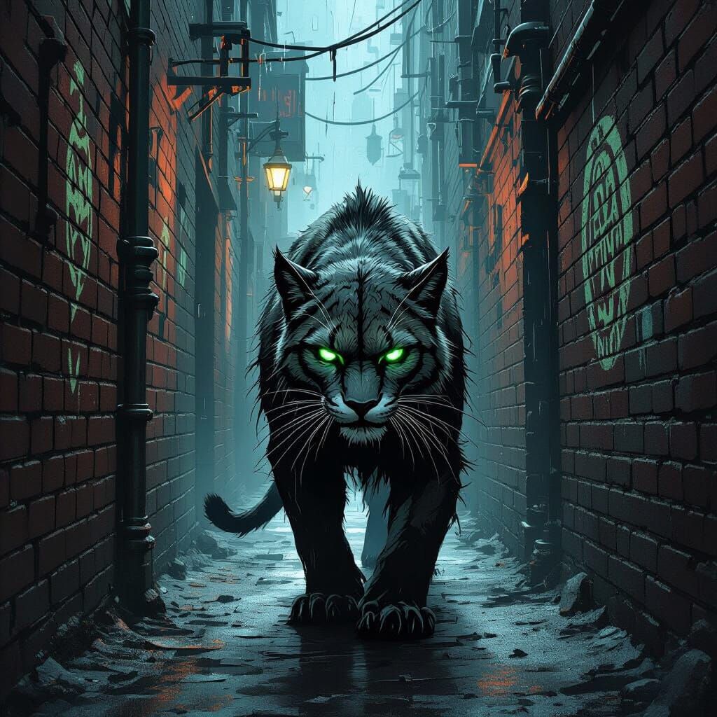 Grizzled Mountain Lion in Dark Fantasy Alleyway