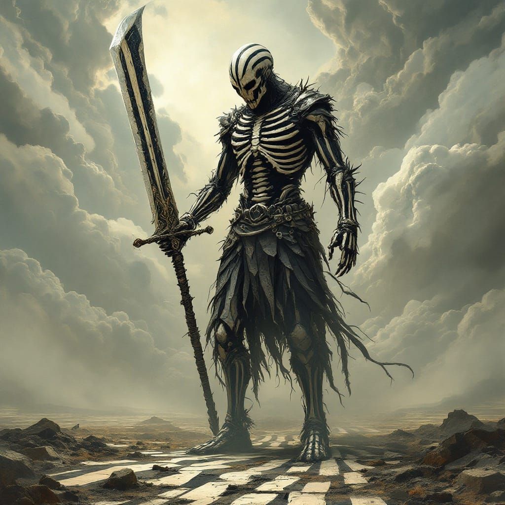 Surreal War-Torn Warrior in Ashen Black and Ivory Stripes
