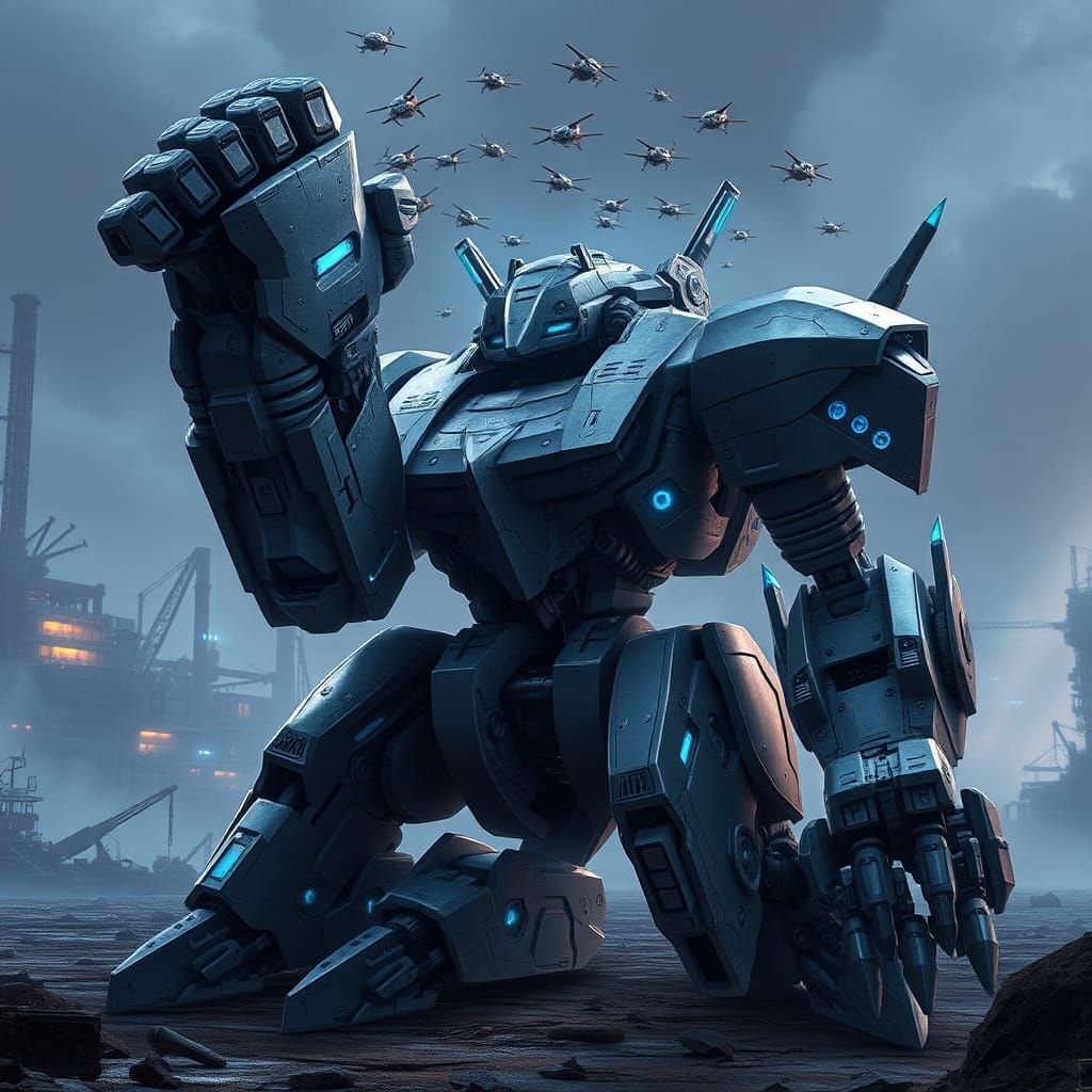 Armored Mecha Prepares for Battle in Futuristic Landscape
