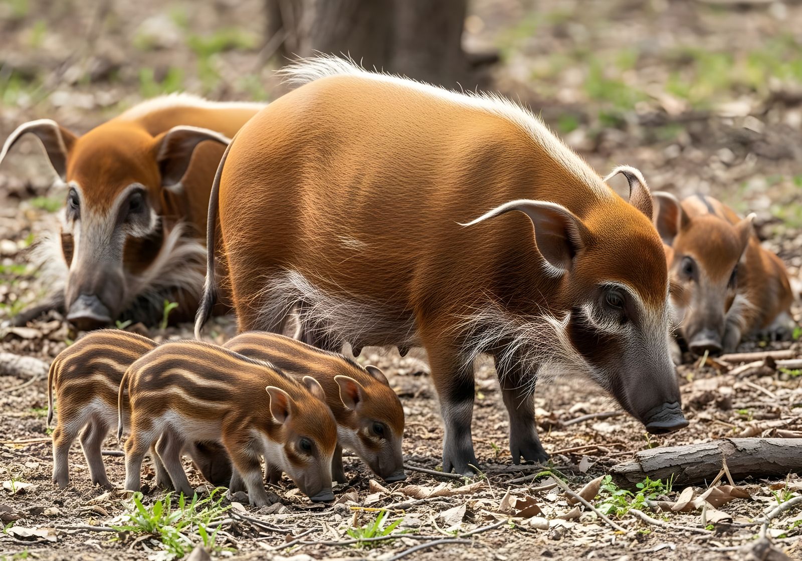 Family of Red River Hogs (Potamochoerus porcus)