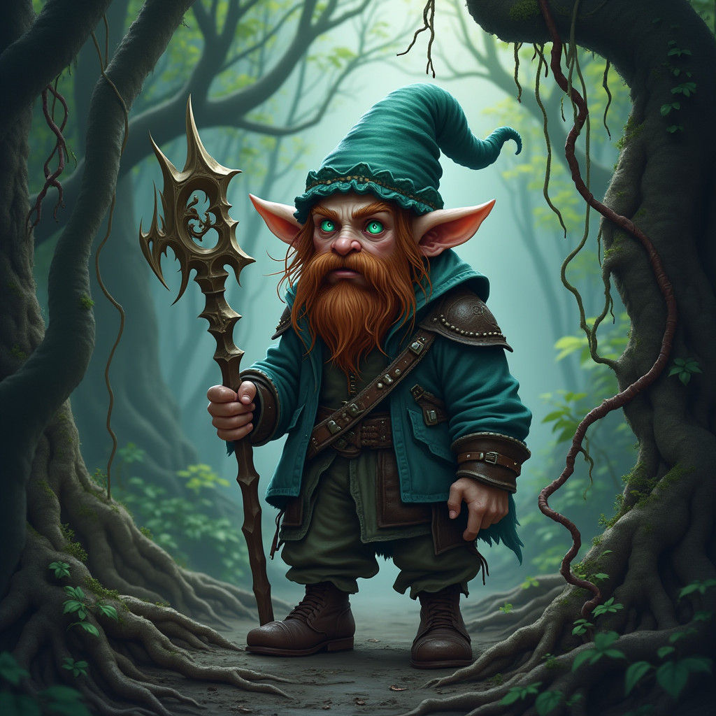 Deep gnome, dnd, rogue, brown hair, eyes heterochromia