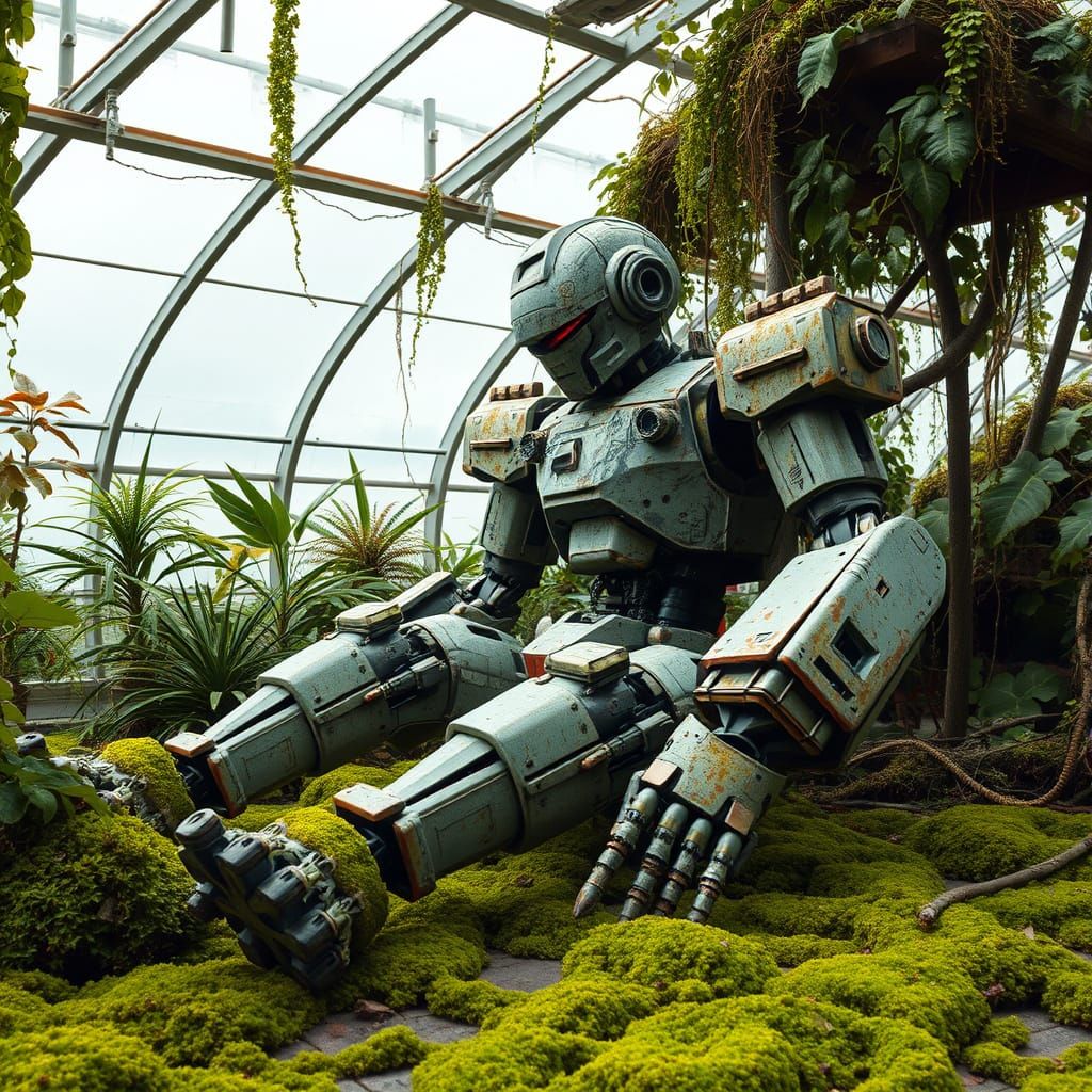 Robot Resting in Overgrown Greenhouse: Ultra-Realistic