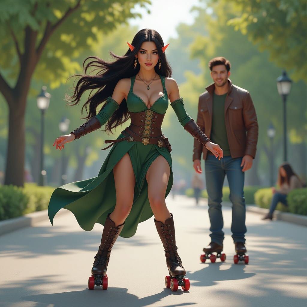 Elven Woman Rollerskating in a Detailed Fantasy Painting