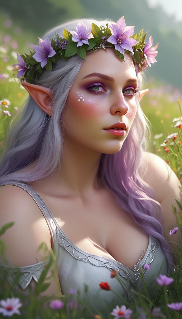 Grey Elf Portrait in Lush Meadow, Digital Art