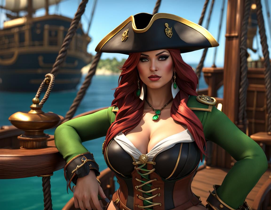 Full-Figured Pirate Captain on Bow, 3D Render