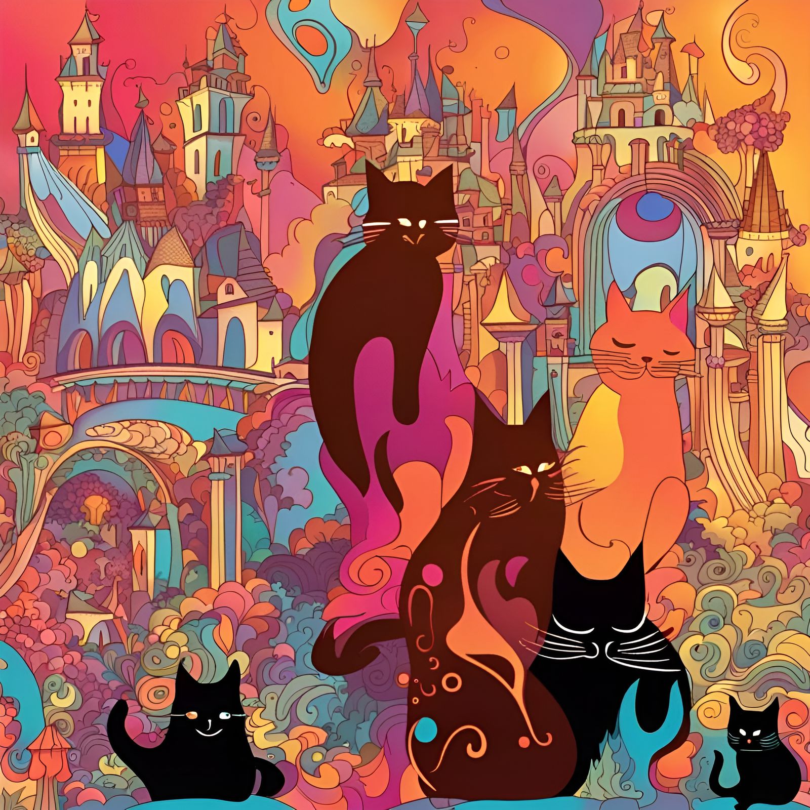 Psychedelic Castle Party with Cats and People