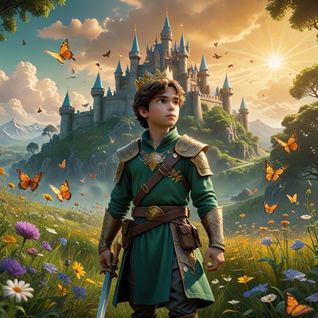 Youthful Prince Stands Tall in Vibrant Meadow Scene as 3D Di...