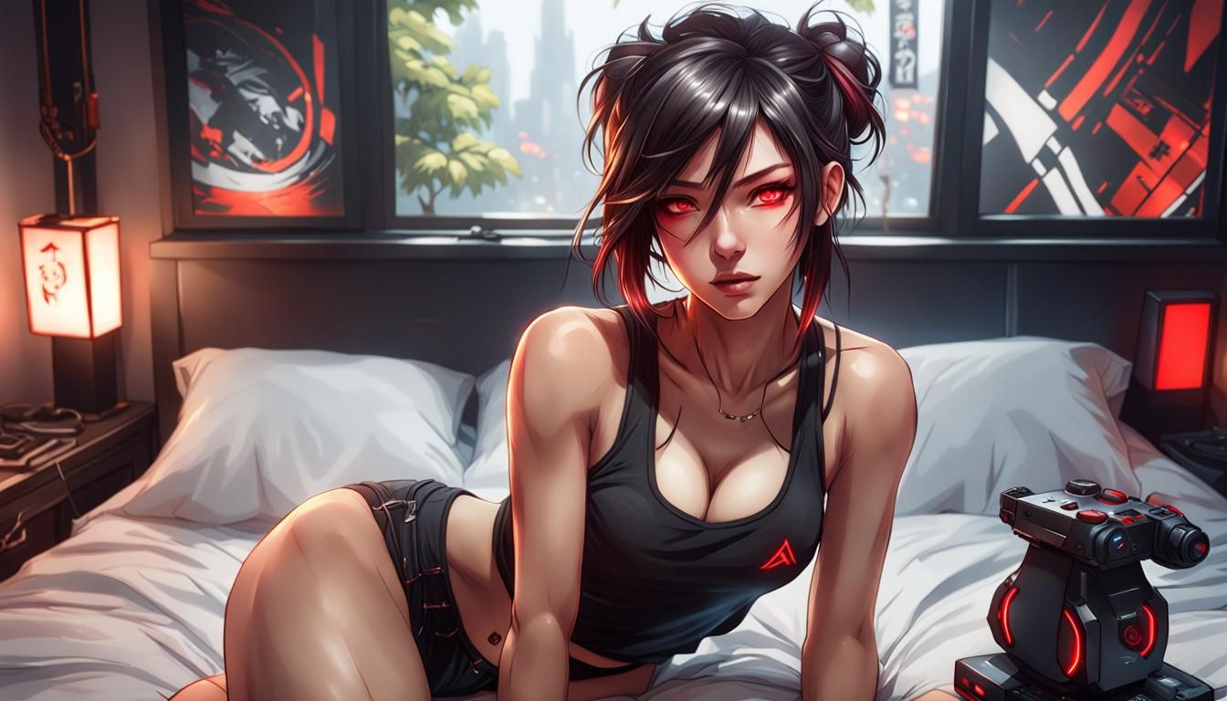 Red-Eyed Gamer Girl Portrait in Detailed Digital Art