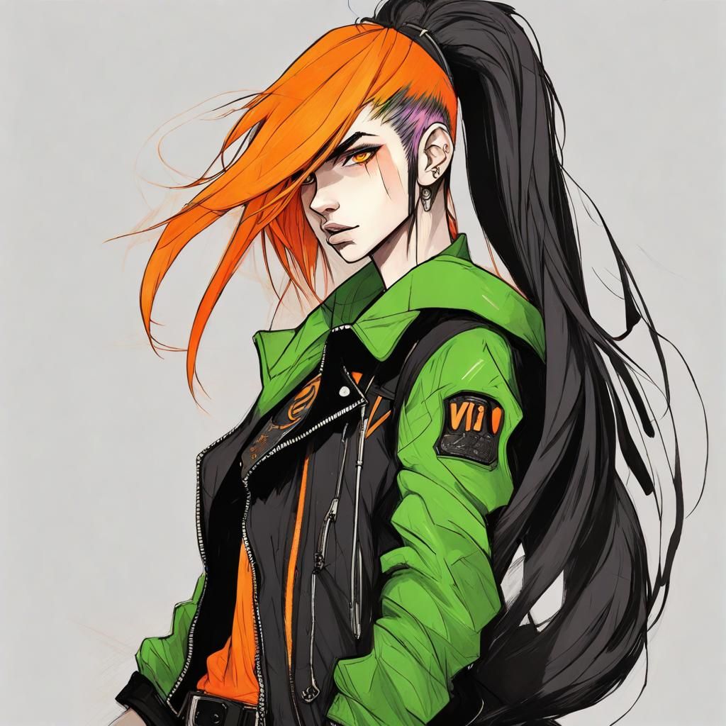 Sidecut hair, Vi arcane, teenager, rock jacket, black clothing, half orange and half black hair, light background, full ...