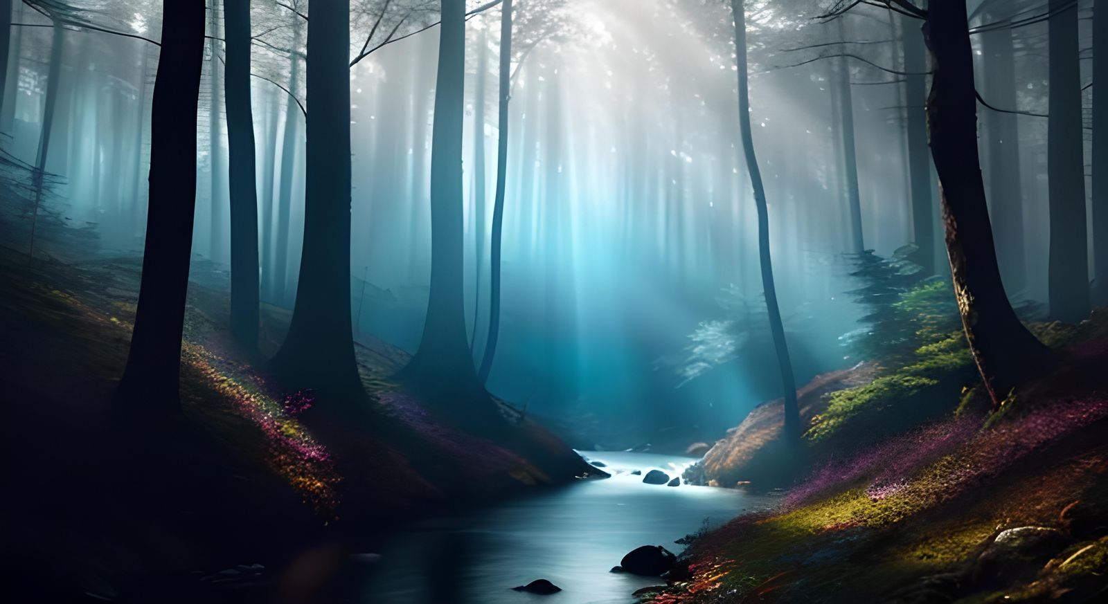 Misty Creek in Forest with Sun Rays