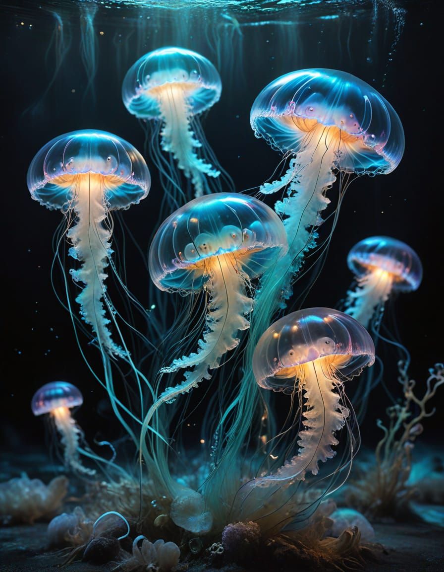 Dreamy Bioluminescent Jellyfish in a Misty Atmosphere