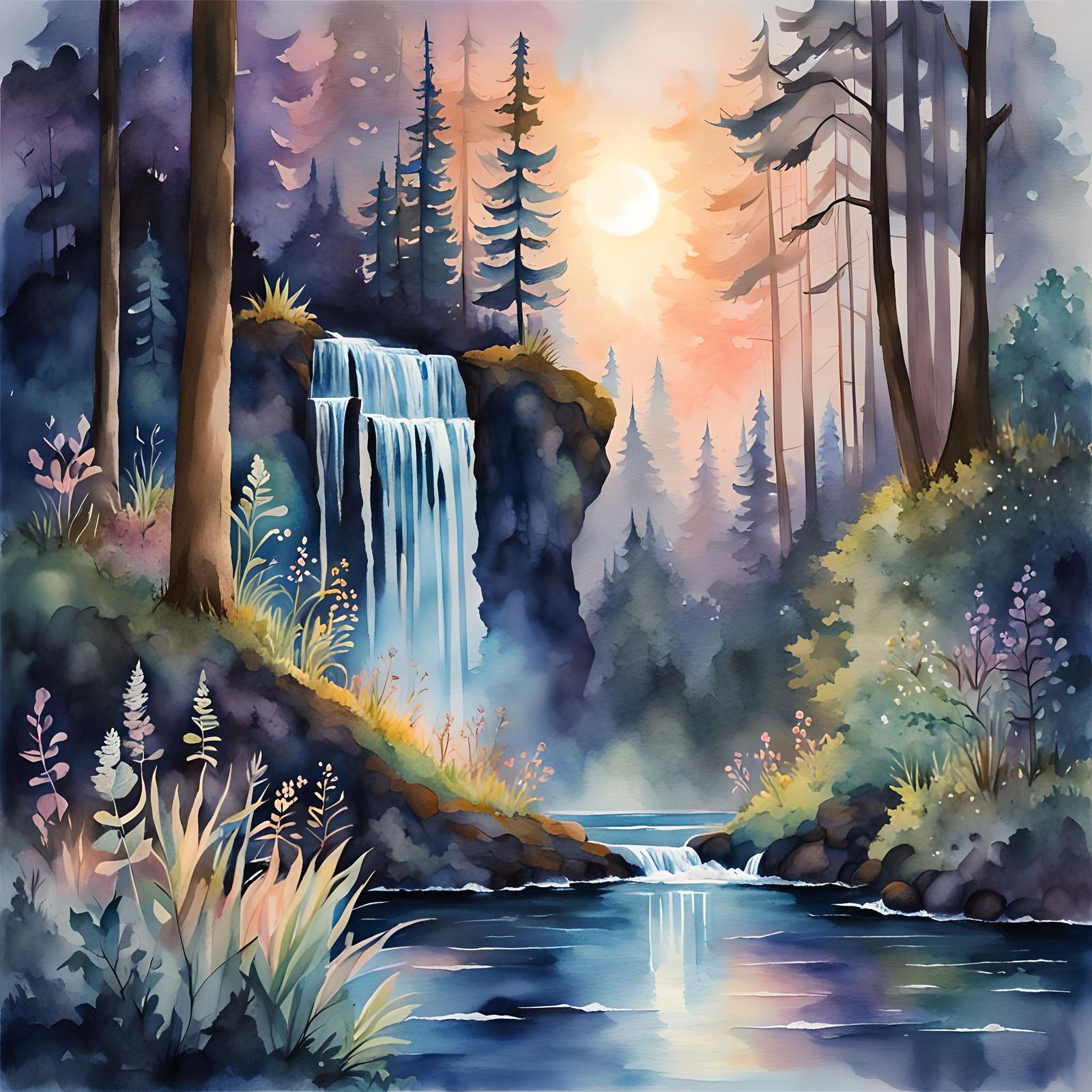 Mystical Bioluminescent Forest at Twilight: Watercolor Art