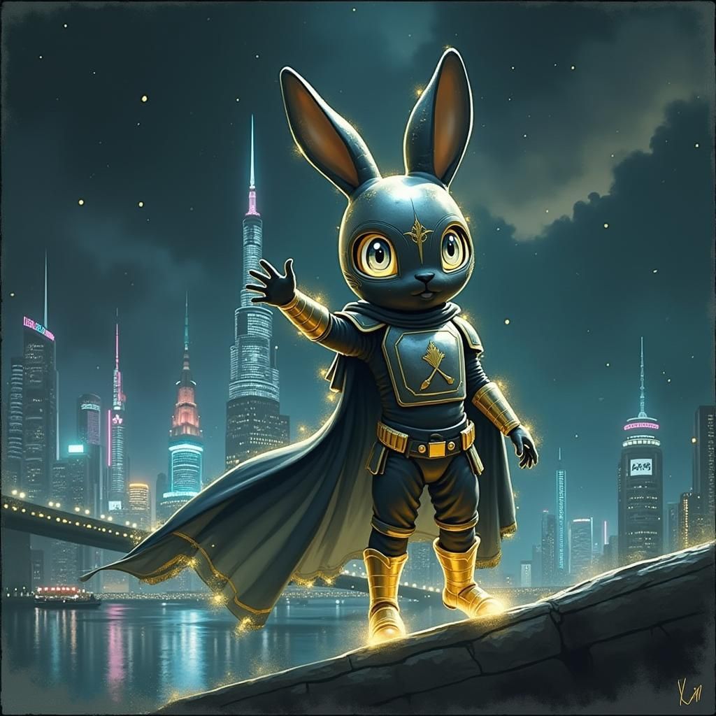 Armored Rabbit Hero in Neon Cityscape