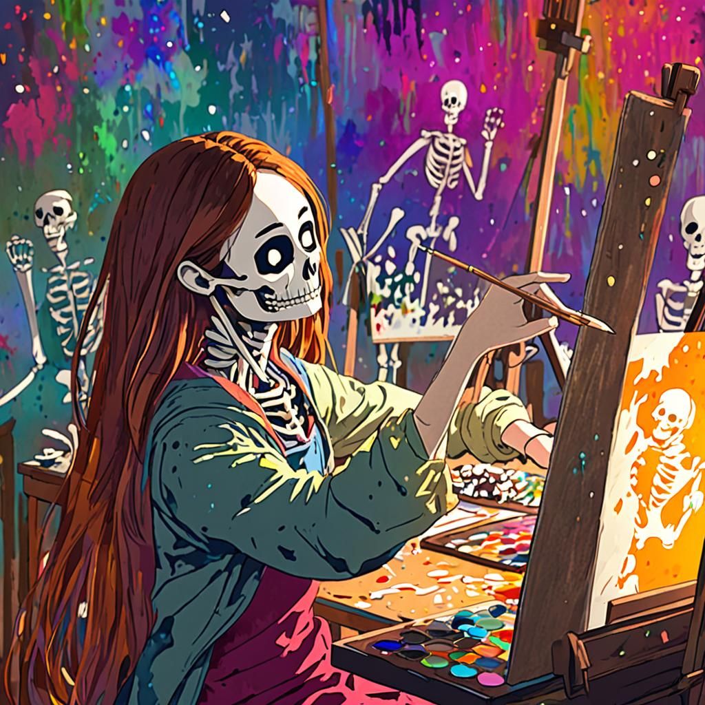 Anime Artist Painting Skeletons in Digital Art Style