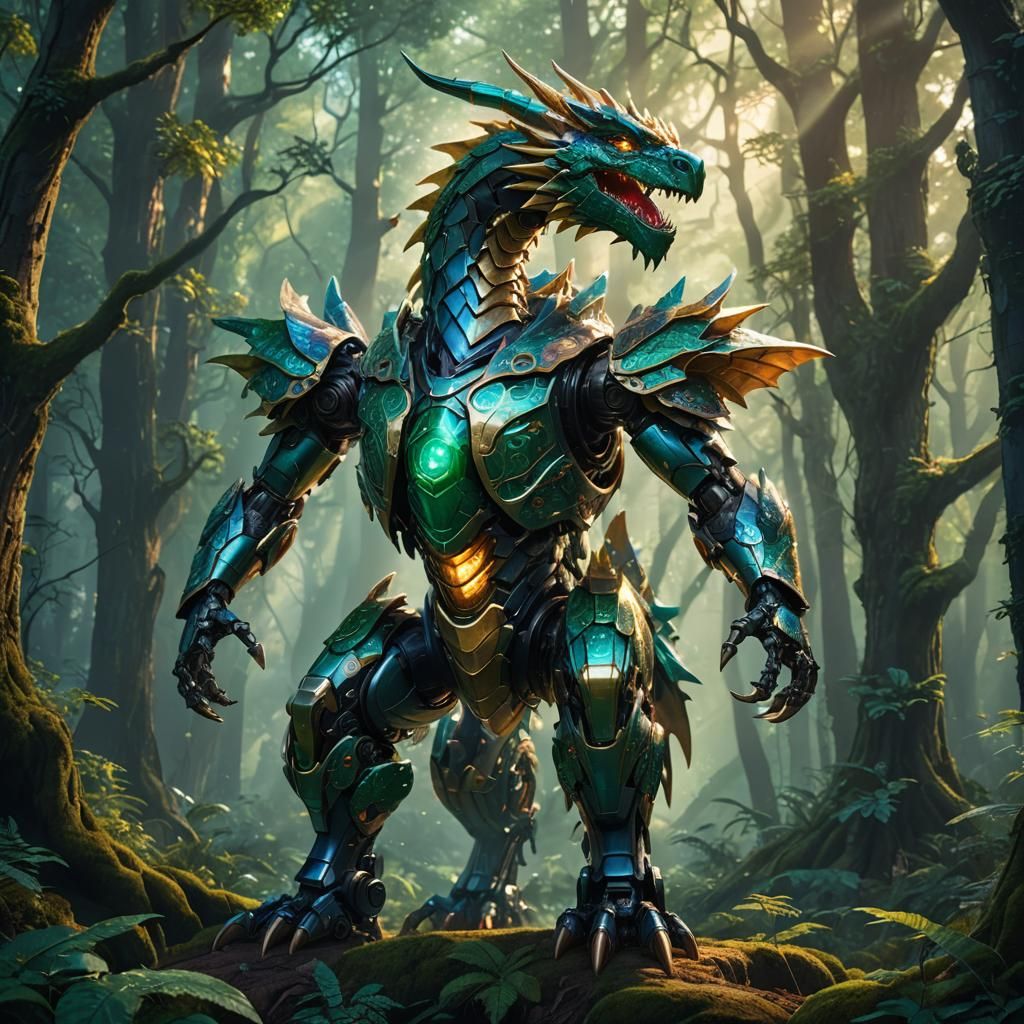 Robot Dragon in Mystical Forest: Digital Matte Painting