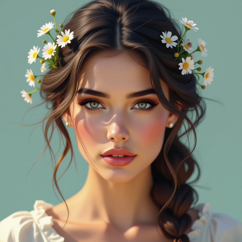 Expressionist portrait, small wild flowers in her hair paint...