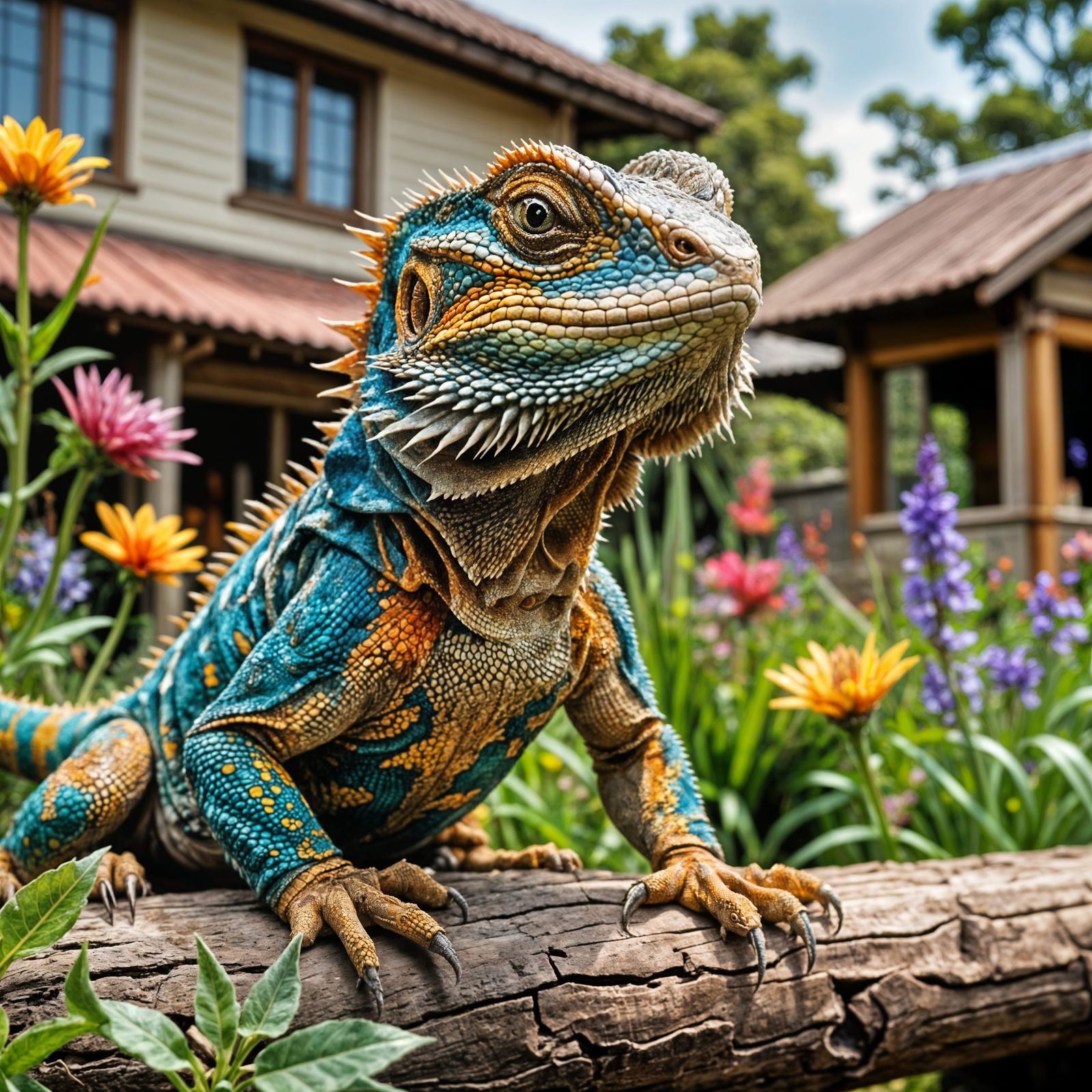Joyful Bearded Dragon in Watercolor Cottage Garden