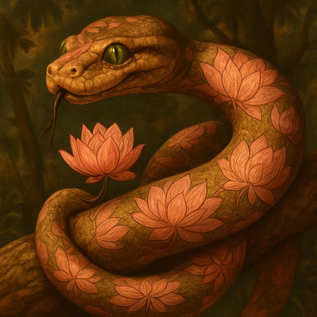 Whimsical Boa Constrictor Adorns Jungle Tree with Delicate L...