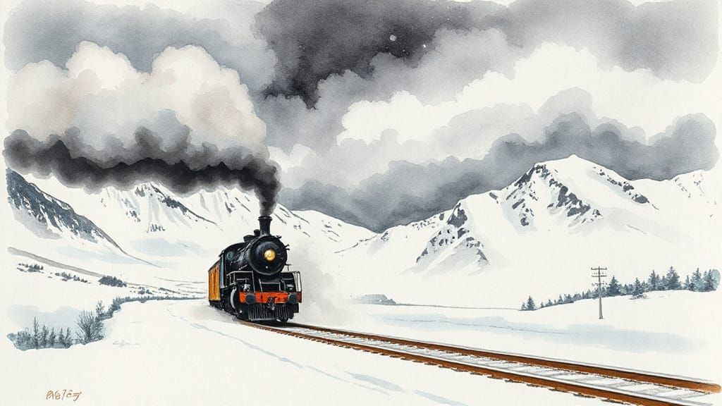 Ethereal Winter Train Speeds Through Snowy Mountains