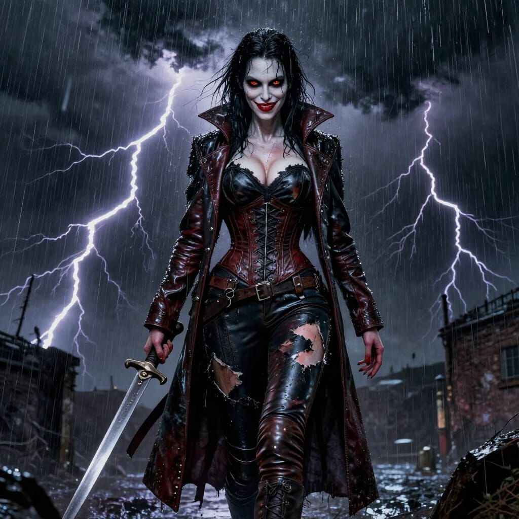 Post-Apocalyptic Vampire Huntress in Storm