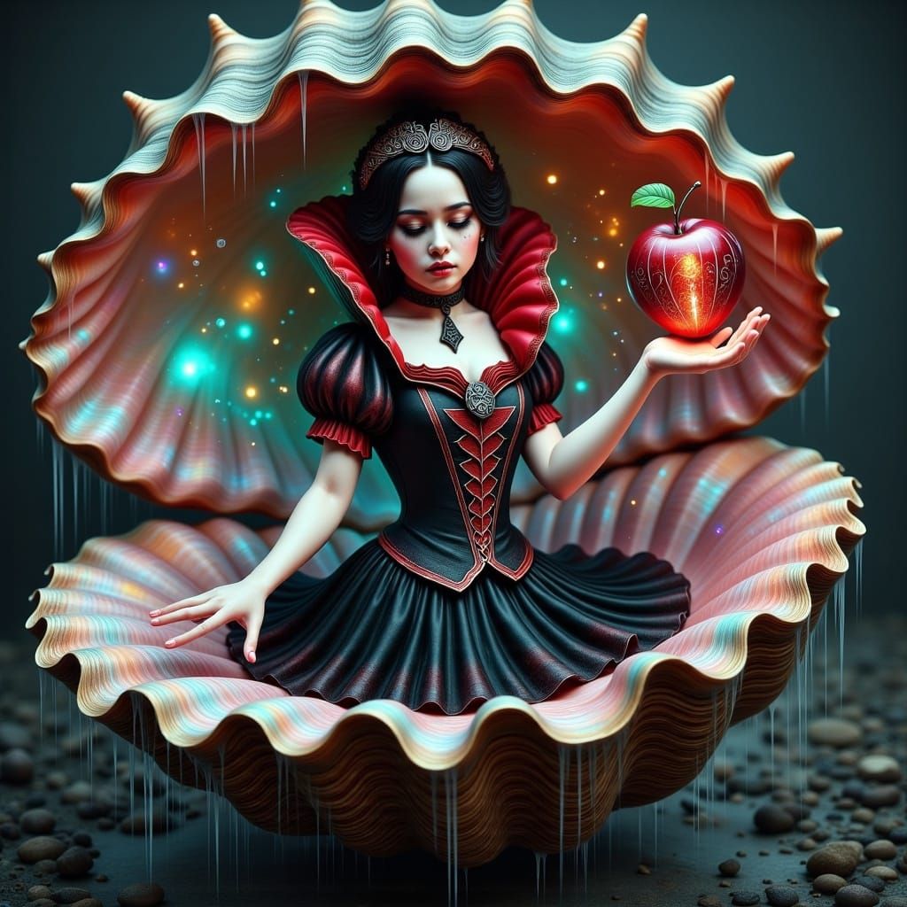 Gothic Snow White Unveiled in Cosmic Seashell