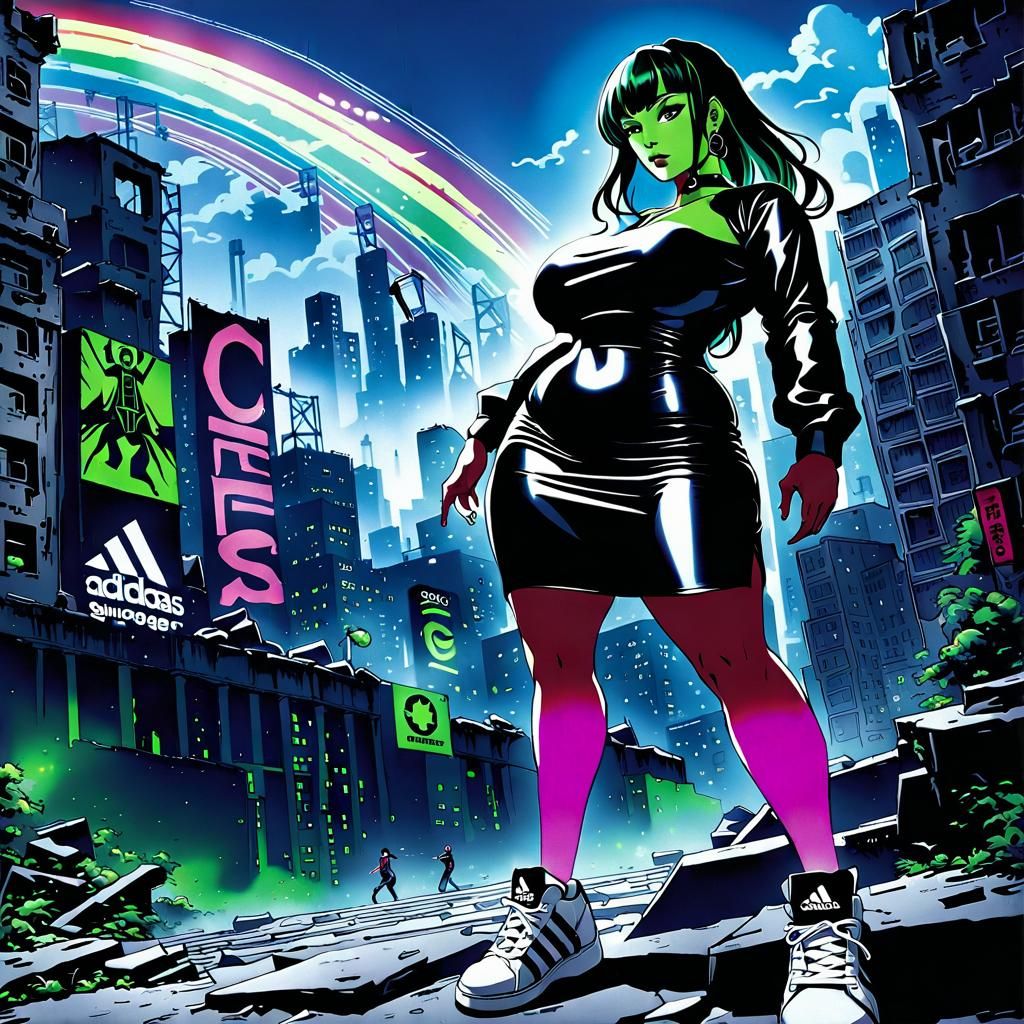 Anime Headmistress in Ruined City, Cel-Shaded Style