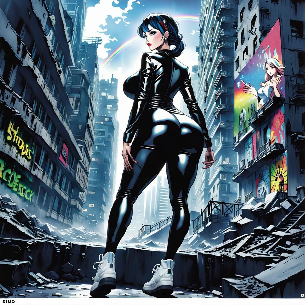 Anime Headmistress in Ruined City, Cel-Shaded Style