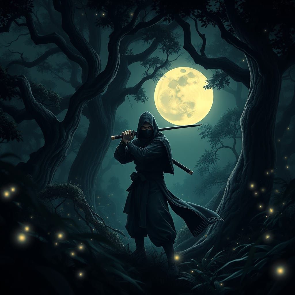 Stealthy Ninja in Moonlit Forest