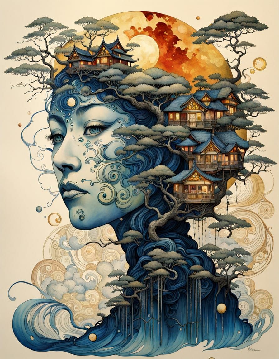 Surreal Stargate Dreamscape with Bonsai Cottages