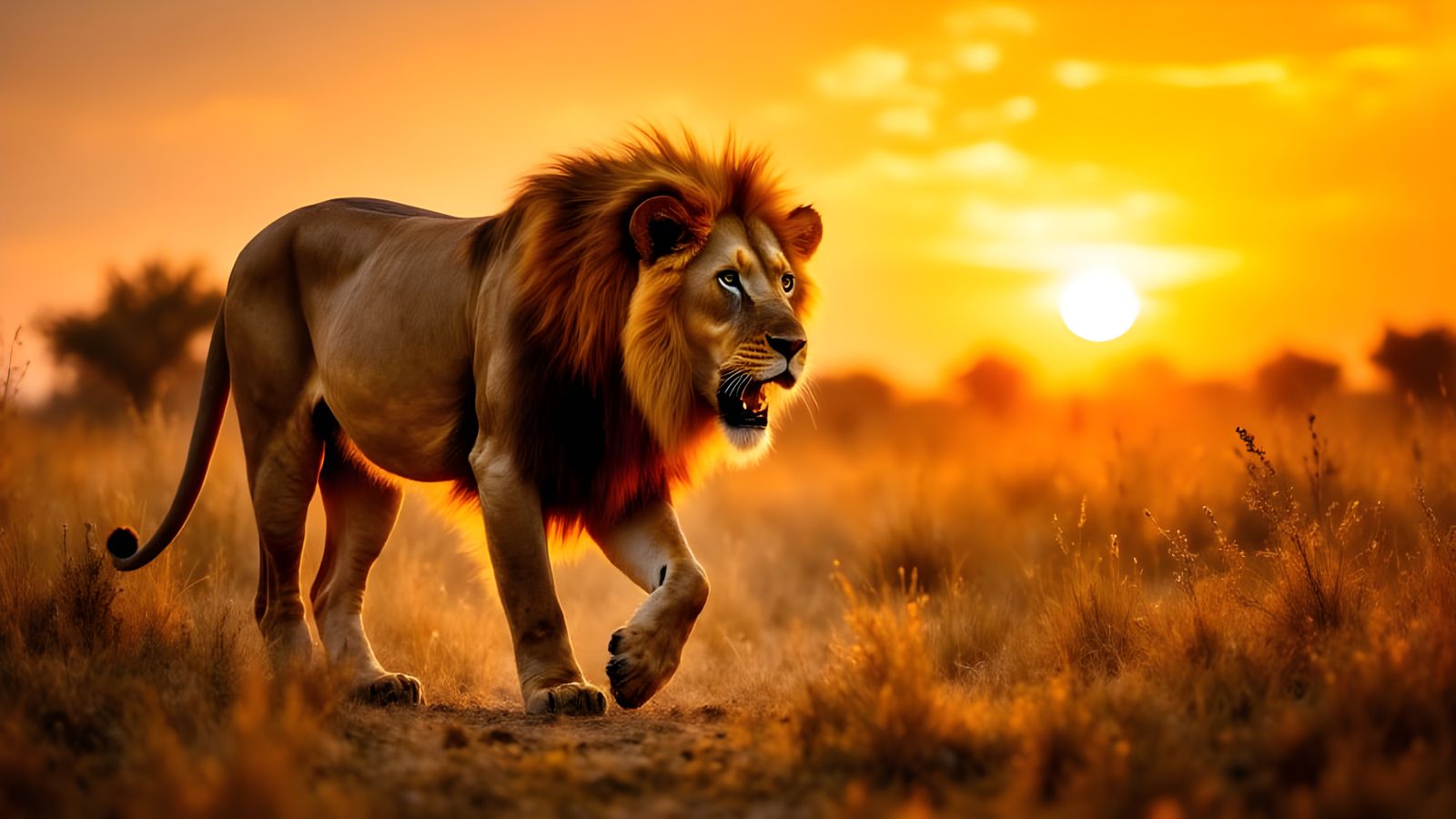 Majestic Lion Stalks Savannah at Golden Hour