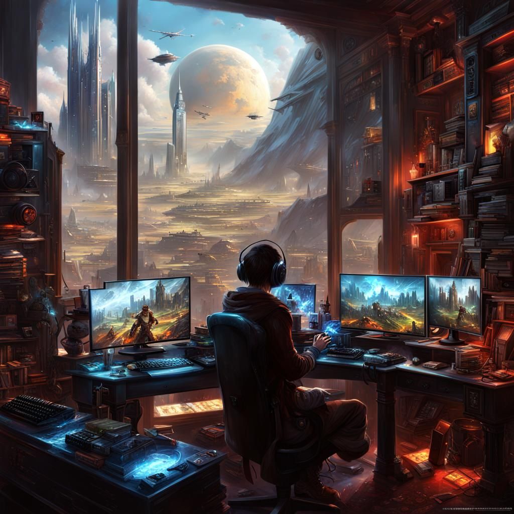 Teen Gamer at PC Setup, Digital Matte Painting
