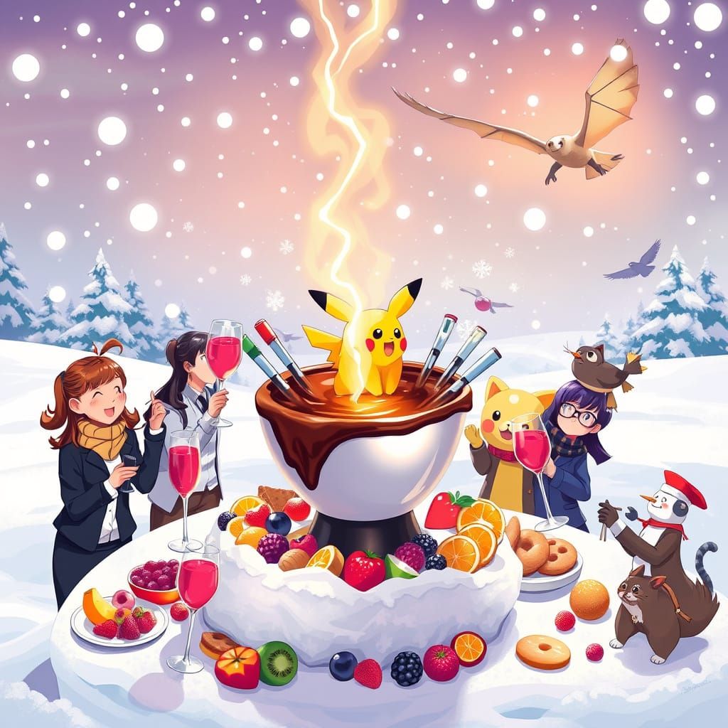 Whimsical Winter Wonderland Scene with Chocolate Fondue Foun...