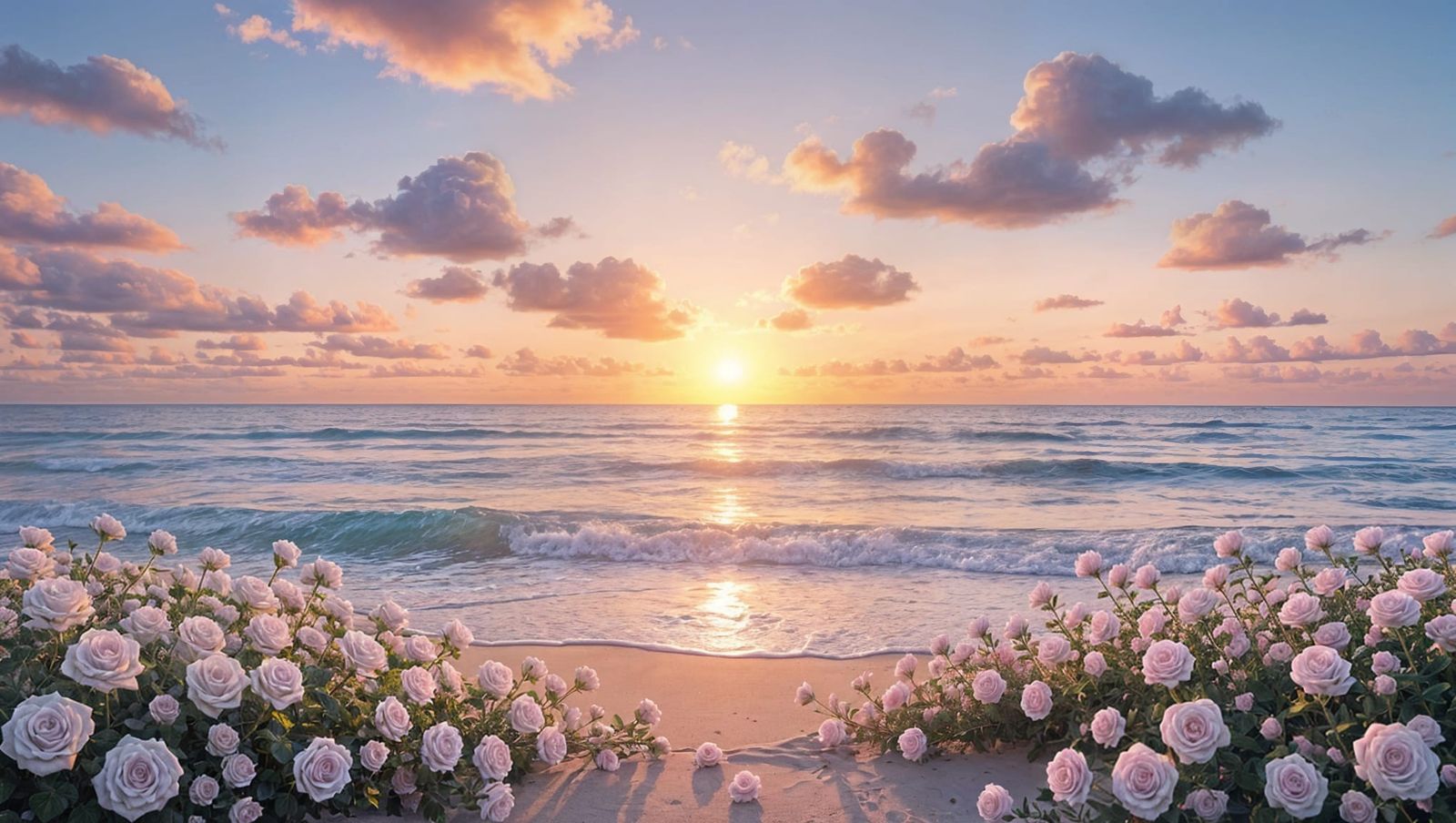 Surreal Sunrise Scene with Pastel Hues and Roses on the Wave...